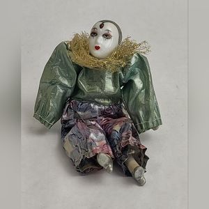 Porcelain Mime Clown Jester Harlequin Doll Figurine Green Floral Outfit- Swanky